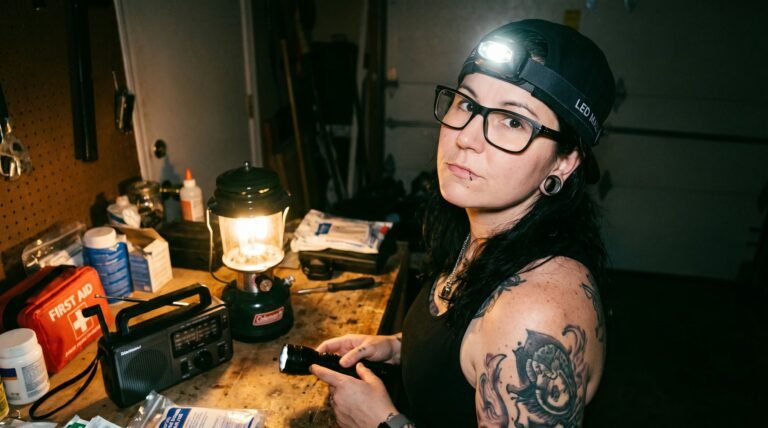 Woman with a headlamp and lantern in a garage during a power outage