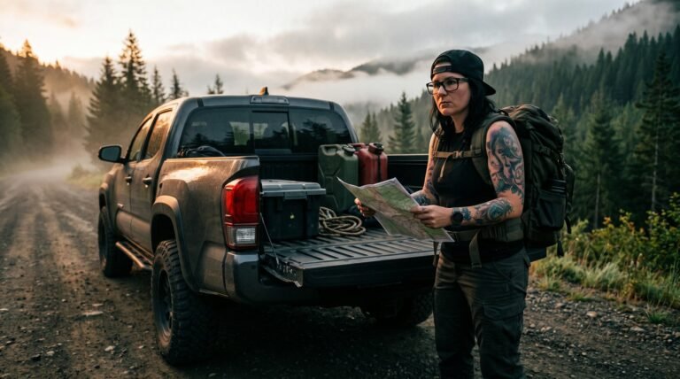 Woman with a backpack reading a map at her truck tailgate on a forest road