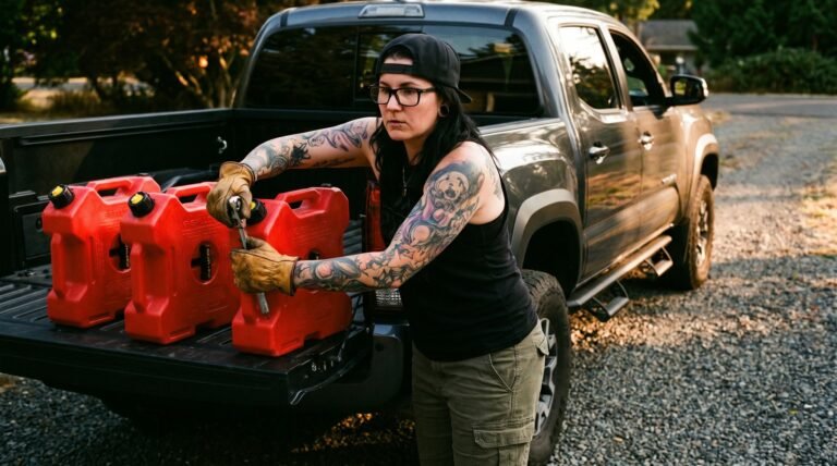 Woman strapping red fuel cans into a pickup truck bed