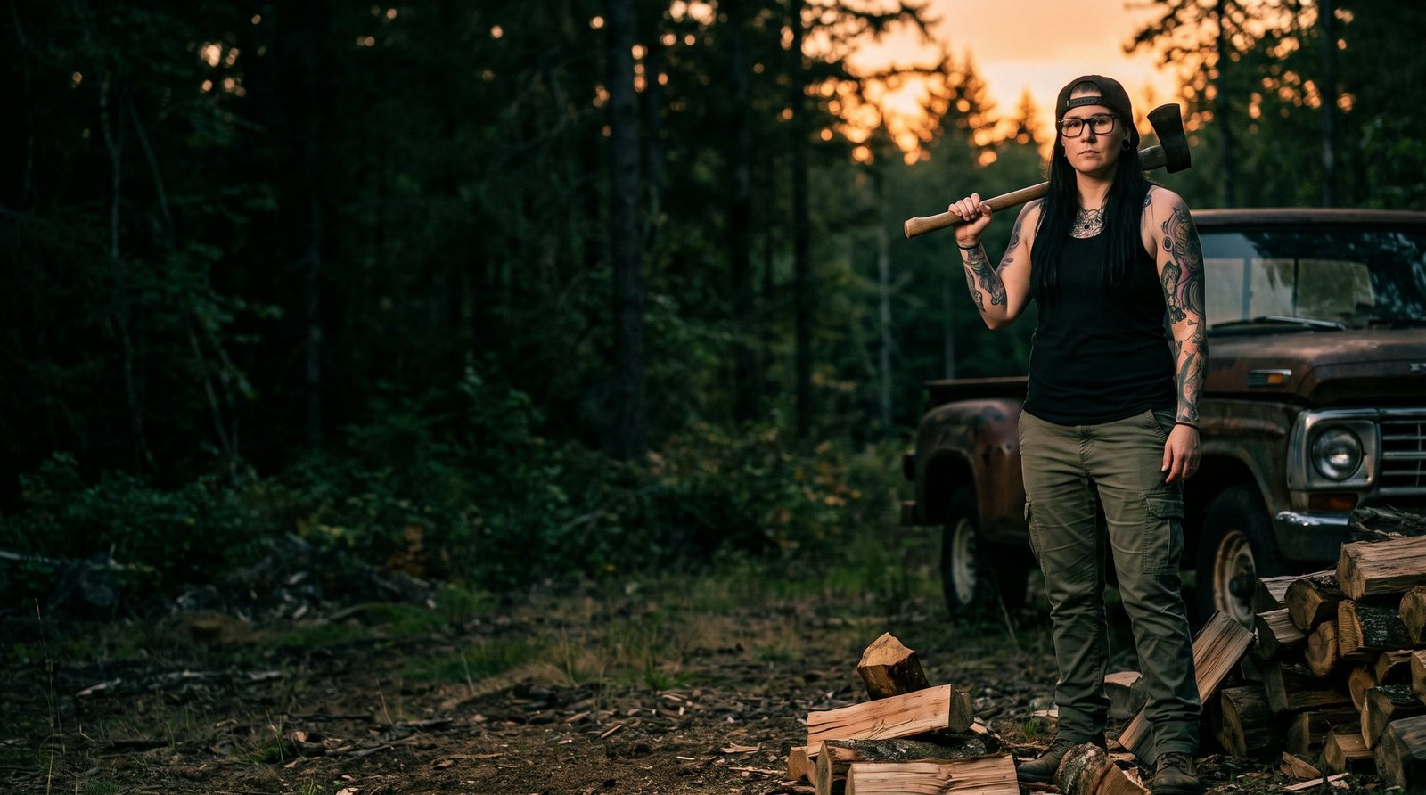 Tattooed woman splitting firewood with an axe at dusk beside her pickup truck