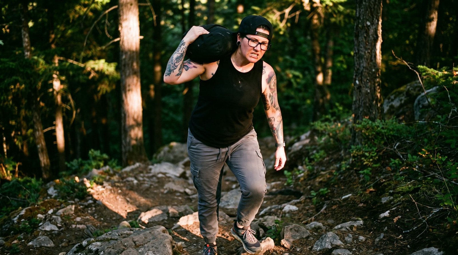 Woman carrying a heavy training sandbag uphill on a forest trail at sunrise