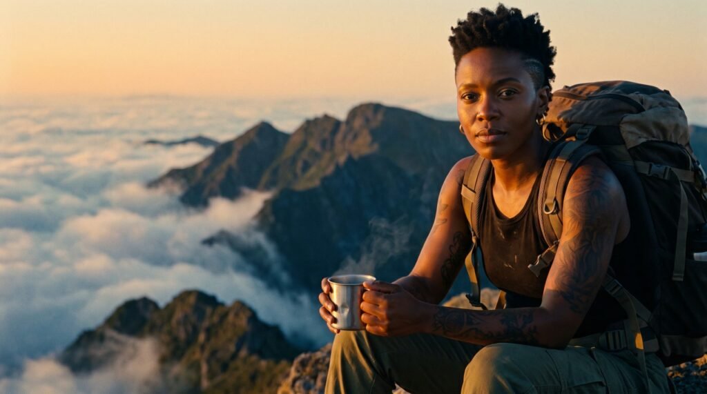 Athletic woman with a backpack holding a camp mug on a mountain summit above the clouds at sunrise