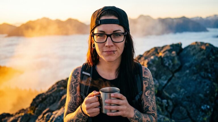 Tattooed woman holding a steaming camp mug on a mountain summit at sunrise above the fog