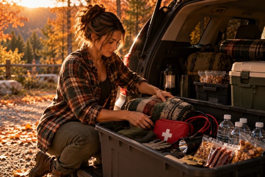 Woman organizing a car emergency kit in the trunk of her SUV