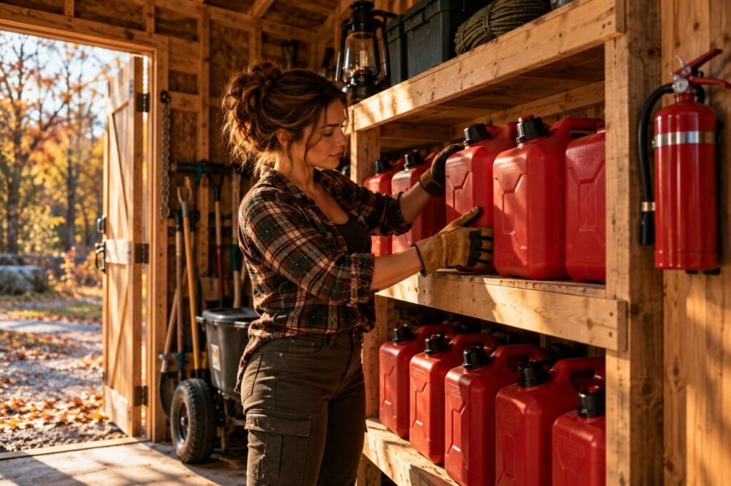 Woman storing red gas cans safely in a detached shed with a fire extinguisher