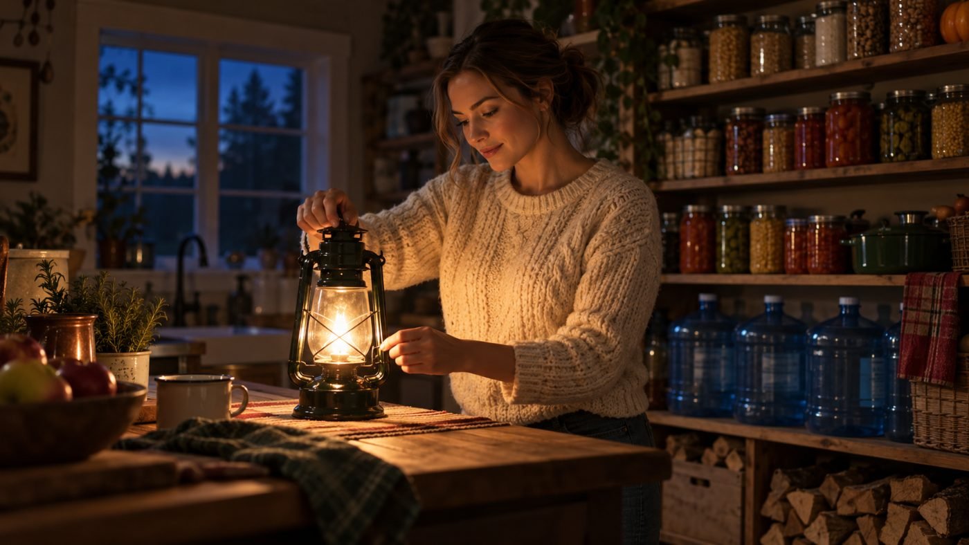 Woman calmly lighting a lantern in a stocked farmhouse kitchen during a power outage