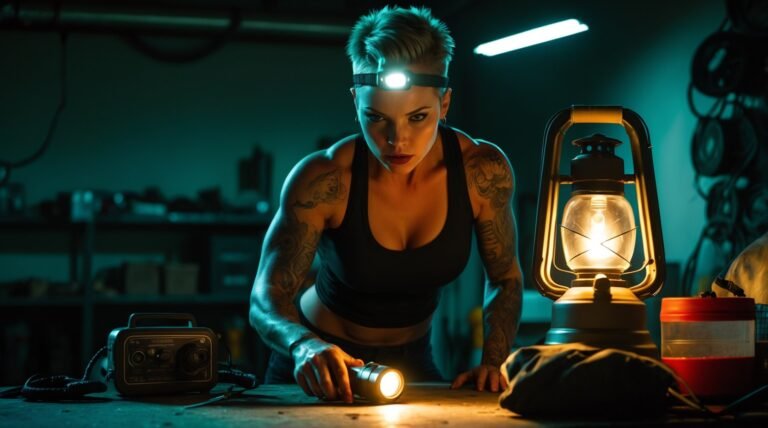 Woman with a headlamp checking survival gear in her garage during a blackout