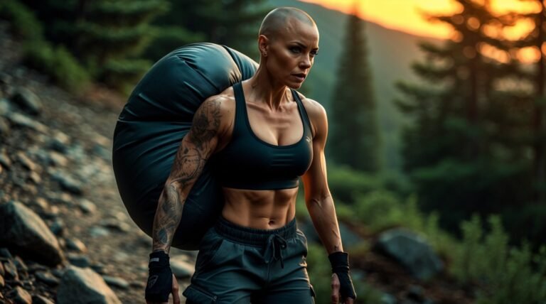 Woman doing a heavy sandbag carry up a forest trail at sunrise
