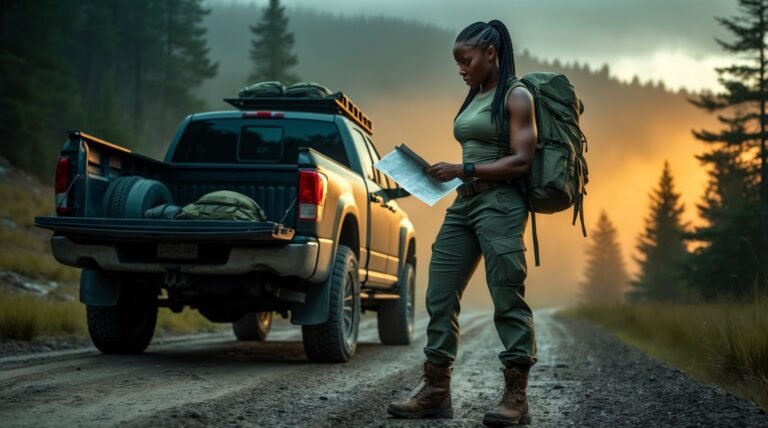Woman with a backpack reading a map at her loaded truck on a mountain road at sunrise