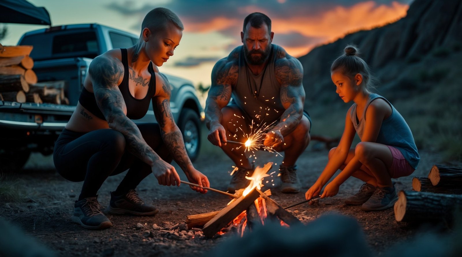 Mom teaching her daughter to start a campfire with her husband at their campsite