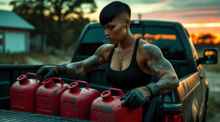 Woman loading red gas cans into her pickup truck bed