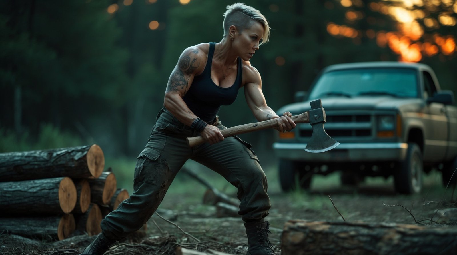 Tattooed woman splitting firewood with an axe at dusk beside her pickup truck