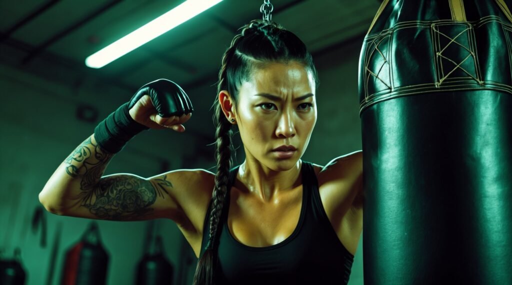Focused woman training on a heavy bag in a garage gym