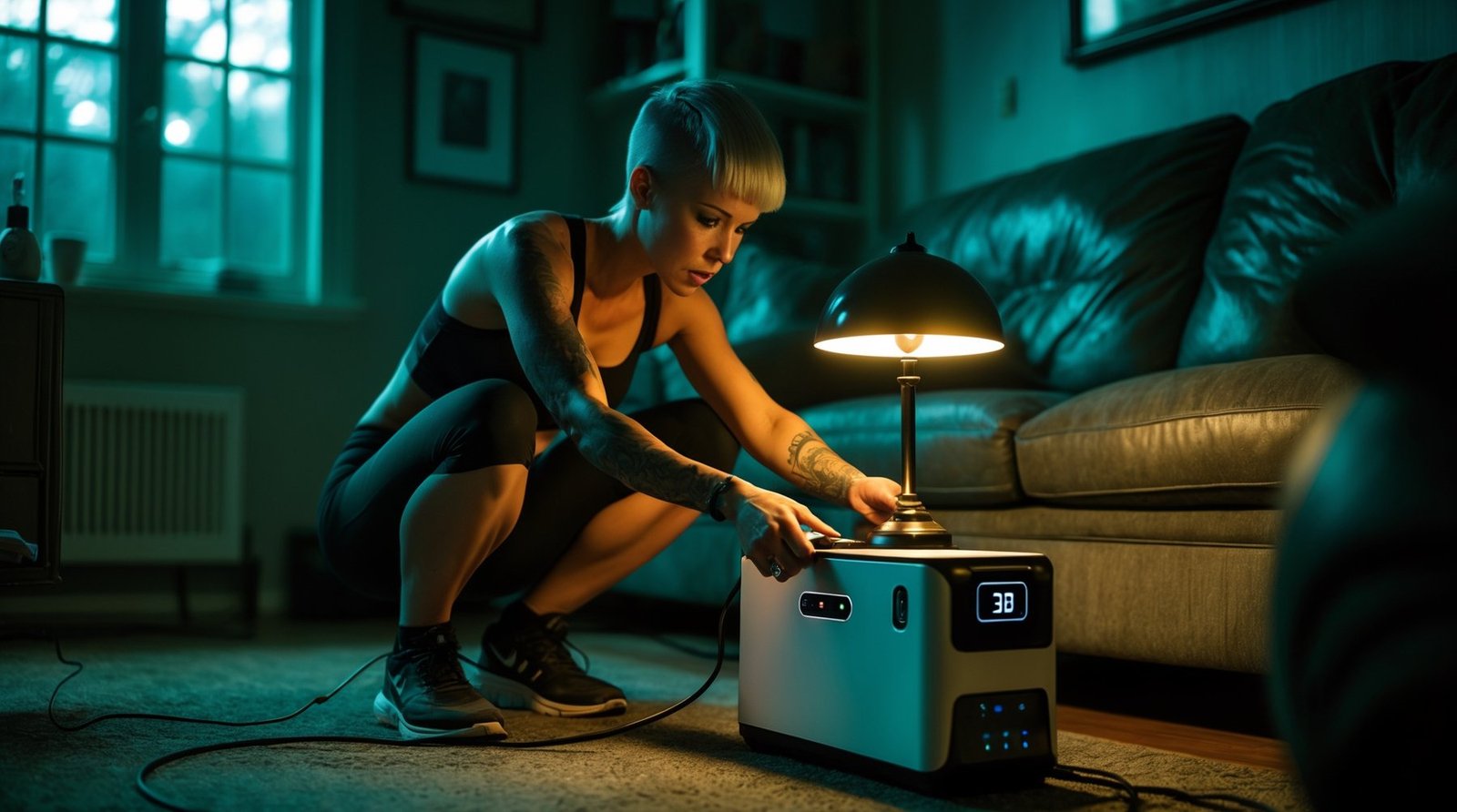 Woman plugging a lamp into a portable power station during a power outage